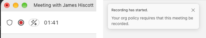 The red Teams recording dot in the meeting window, and the Teams notice: Recording has started. Your org policy requires that this meeting be recorded.