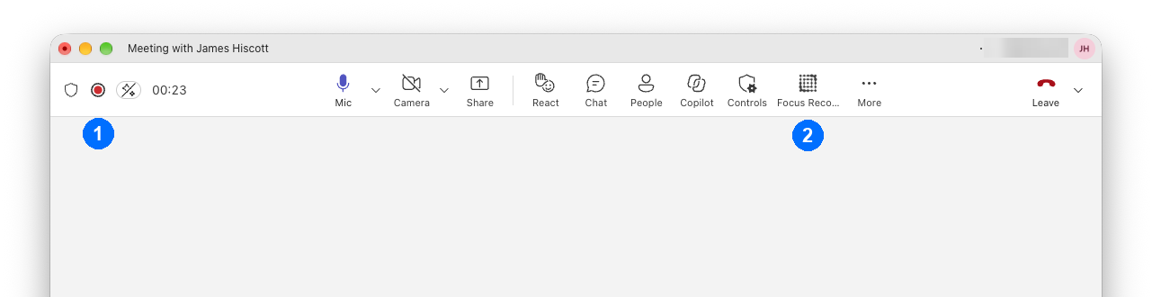 The Teams meeting toolbar showing the recording indicator and the Focus Recording Controls button