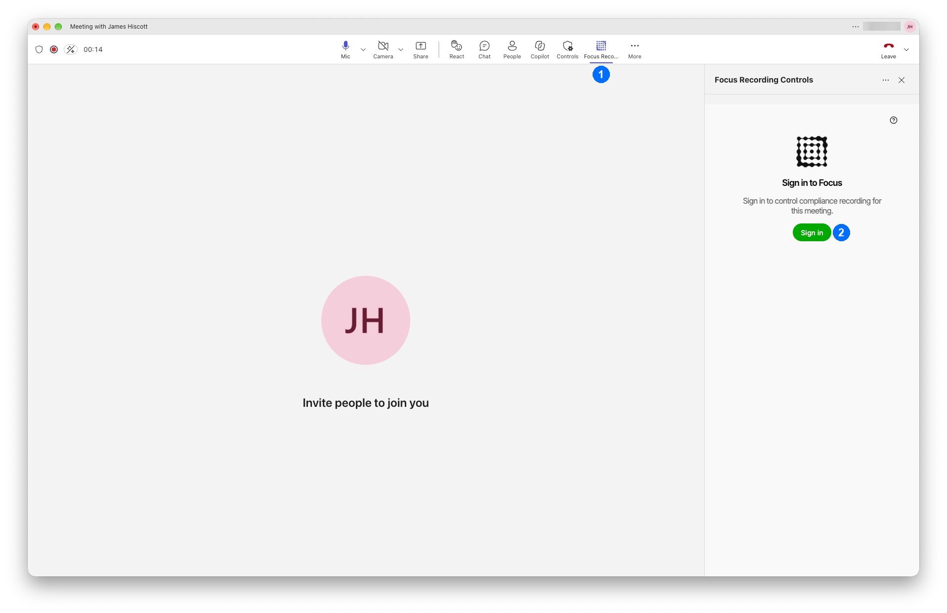 The Focus Recording Controls panel in a Teams meeting, asking you to sign in